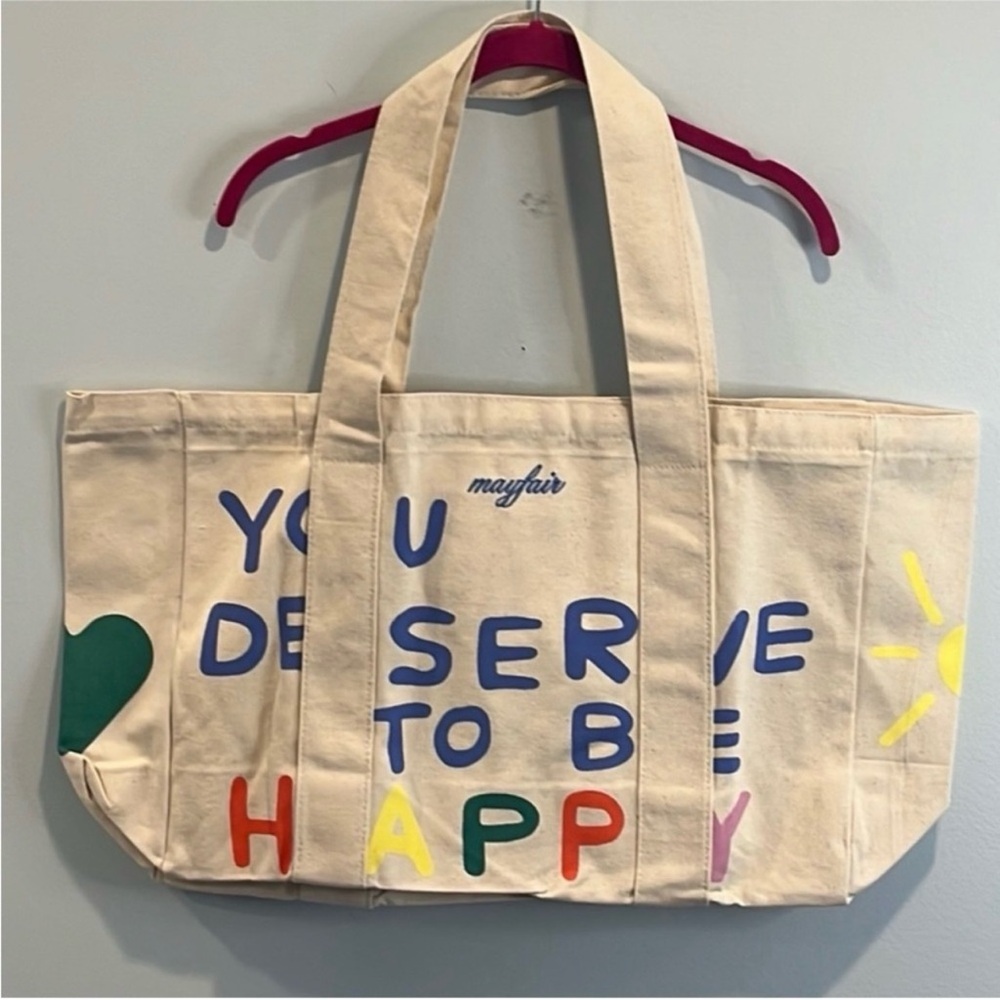 NWT Mayfair You Deserve To Be Happy Canvas Tote - Picture 2 of 5